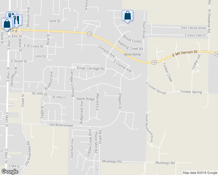 map of restaurants, bars, coffee shops, grocery stores, and more near 762 East Gallup Hill Road in Nixa