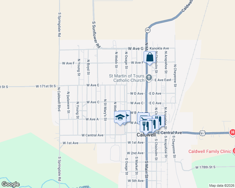 map of restaurants, bars, coffee shops, grocery stores, and more near 300-498 North Webb Street in Caldwell