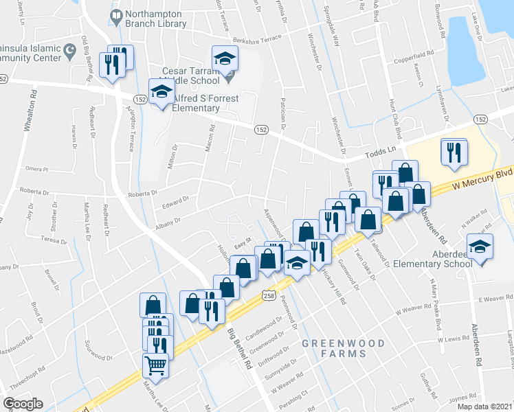 map of restaurants, bars, coffee shops, grocery stores, and more near 4 Ducette Drive in Hampton