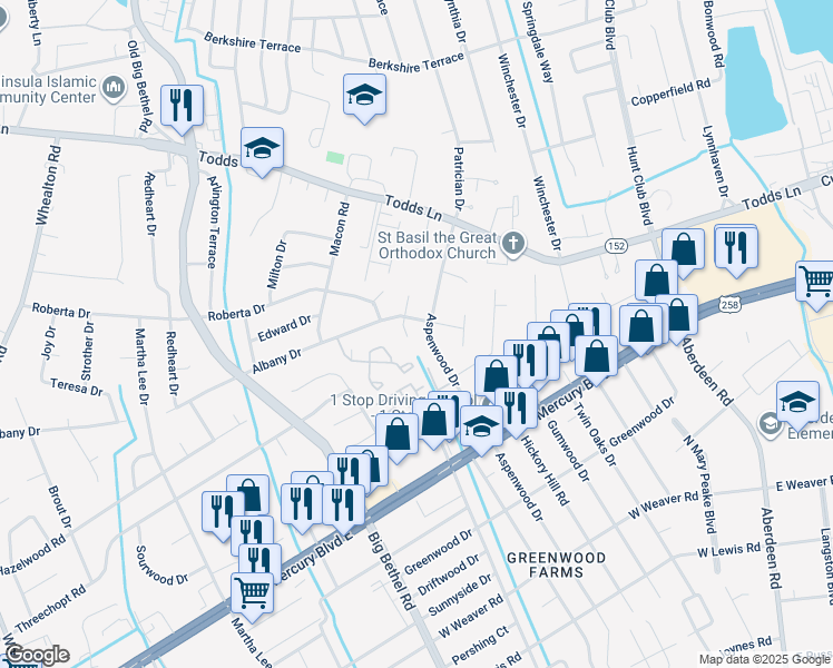 map of restaurants, bars, coffee shops, grocery stores, and more near 4 Ducette Drive in Hampton