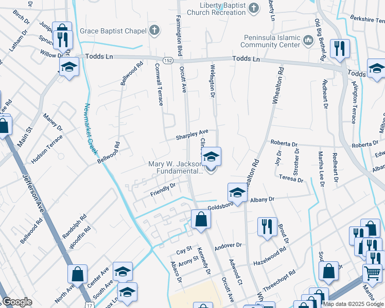 map of restaurants, bars, coffee shops, grocery stores, and more near 8702 Orcutt Avenue in Hampton