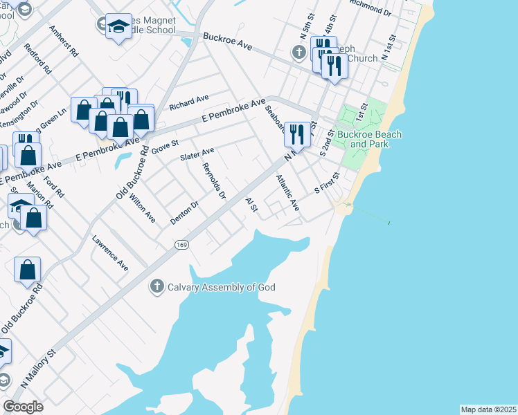 map of restaurants, bars, coffee shops, grocery stores, and more near 11 Al Street in Hampton
