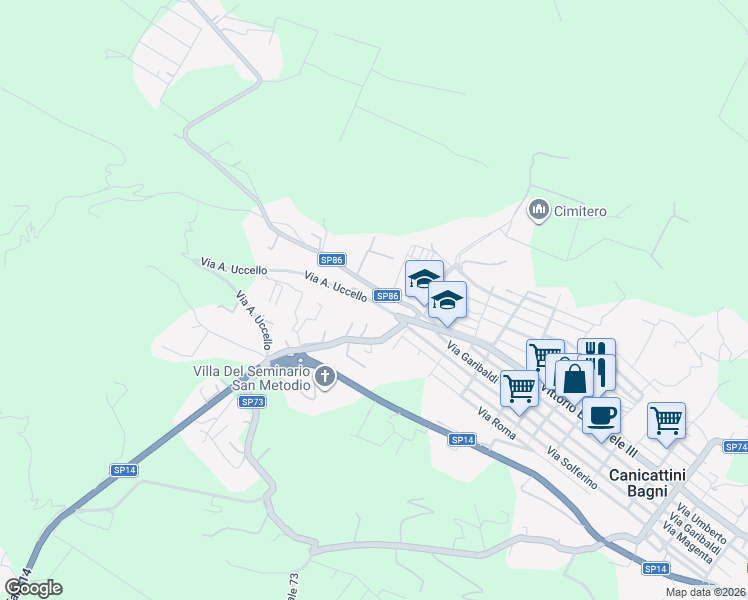 map of restaurants, bars, coffee shops, grocery stores, and more near 7/A Via A. Uccello in Canicattini Bagni