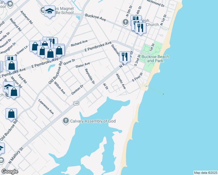 map of restaurants, bars, coffee shops, grocery stores, and more near 11 Al Street in Hampton