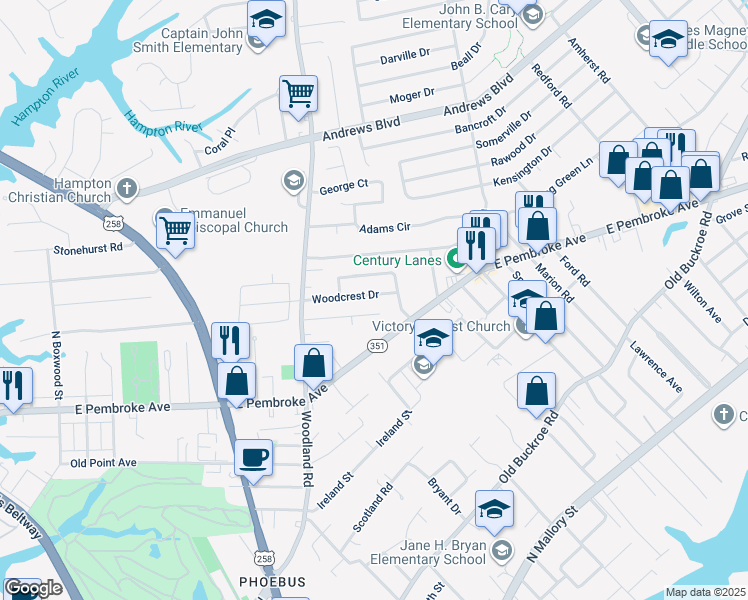 map of restaurants, bars, coffee shops, grocery stores, and more near 1428 Woodcrest Drive in Hampton