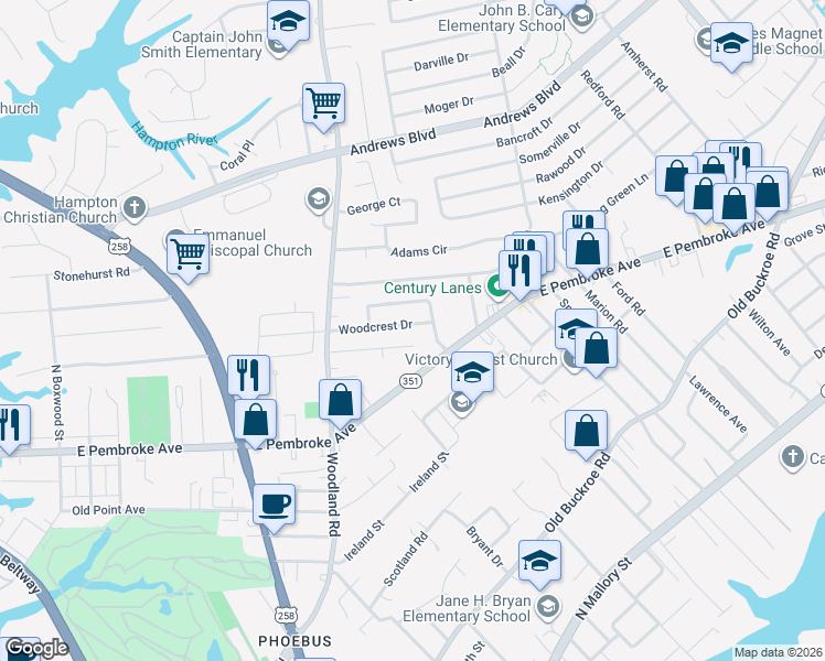 map of restaurants, bars, coffee shops, grocery stores, and more near 1425 Antoinette Circle in Hampton
