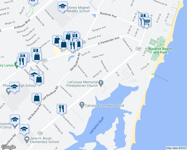 map of restaurants, bars, coffee shops, grocery stores, and more near 1521 Denton Drive in Hampton