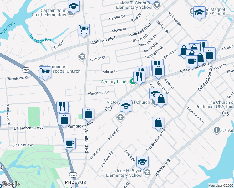 map of restaurants, bars, coffee shops, grocery stores, and more near in Hampton
