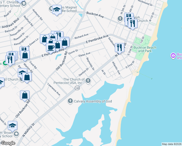 map of restaurants, bars, coffee shops, grocery stores, and more near 1529 North Mallory Street in Hampton