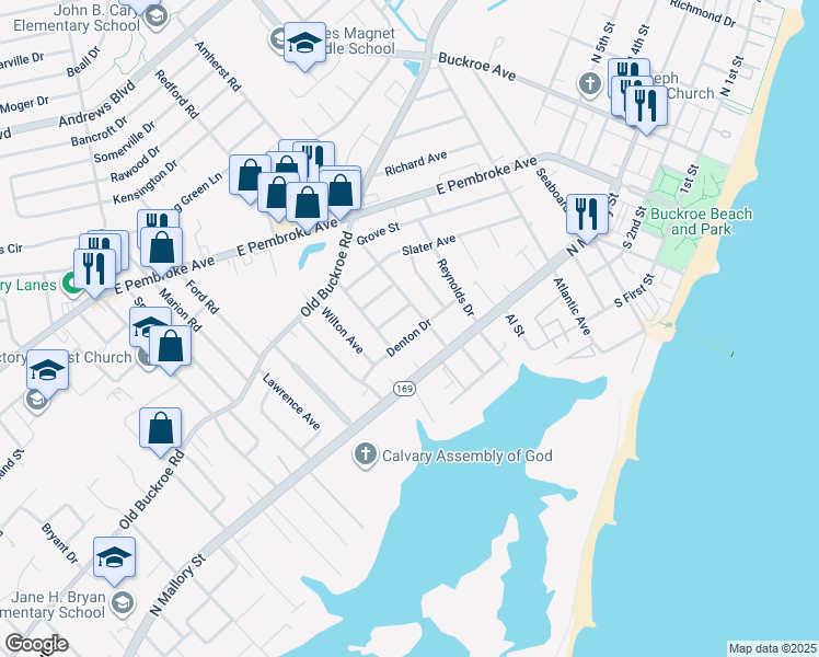 map of restaurants, bars, coffee shops, grocery stores, and more near 1521 Denton Drive in Hampton