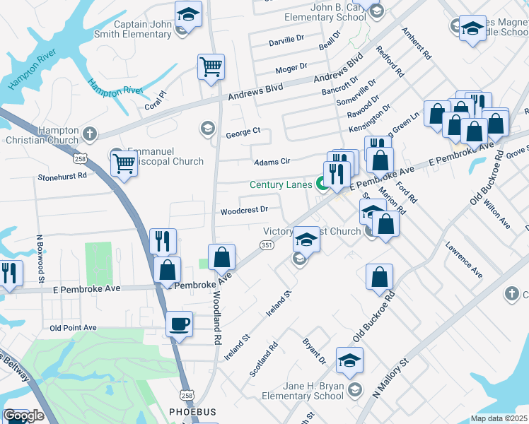 map of restaurants, bars, coffee shops, grocery stores, and more near 1428 Woodcrest Drive in Hampton