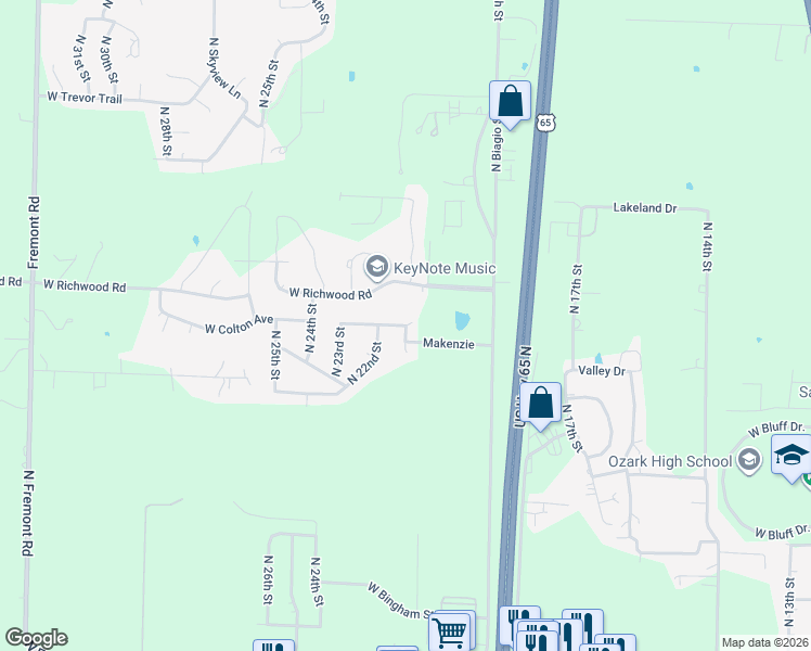 map of restaurants, bars, coffee shops, grocery stores, and more near 1913 North 21st Street in Ozark