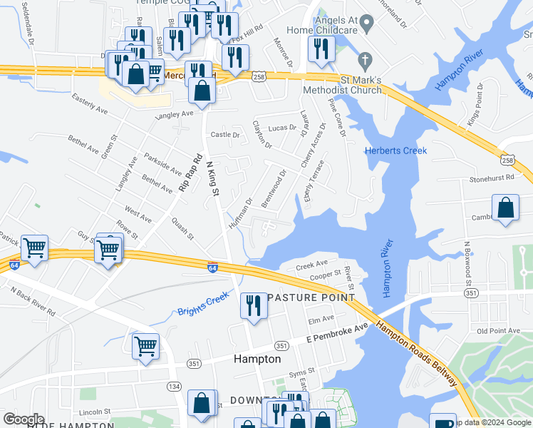 map of restaurants, bars, coffee shops, grocery stores, and more near 6 Cornell Drive in Hampton
