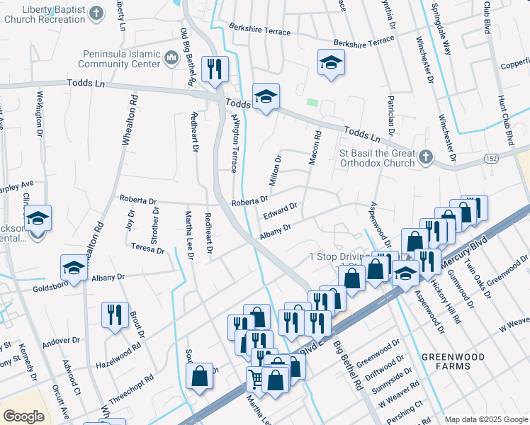 map of restaurants, bars, coffee shops, grocery stores, and more near 203 Edward Drive in Hampton
