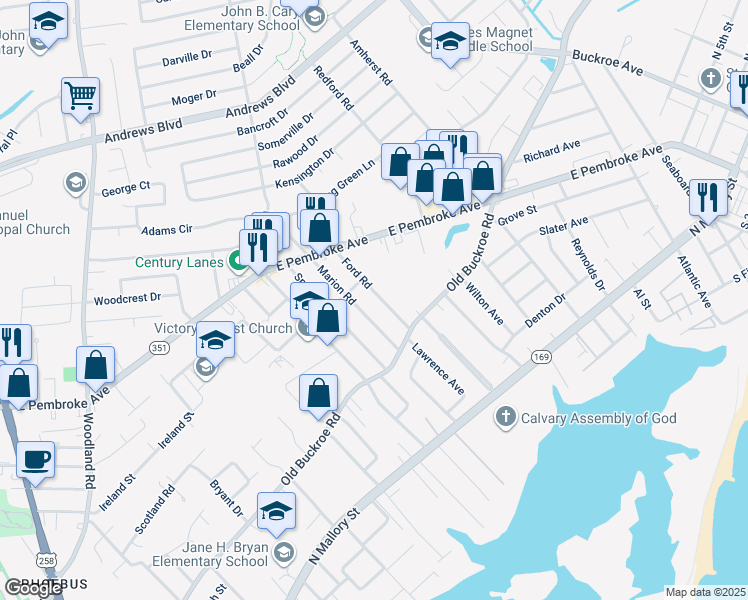 map of restaurants, bars, coffee shops, grocery stores, and more near 427 Ford Road in Hampton