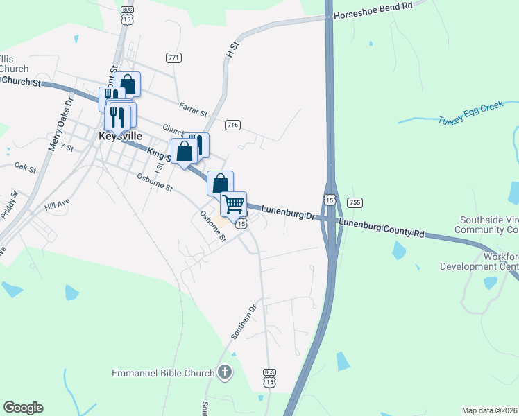 map of restaurants, bars, coffee shops, grocery stores, and more near 730 Lunenburg Highway in Keysville