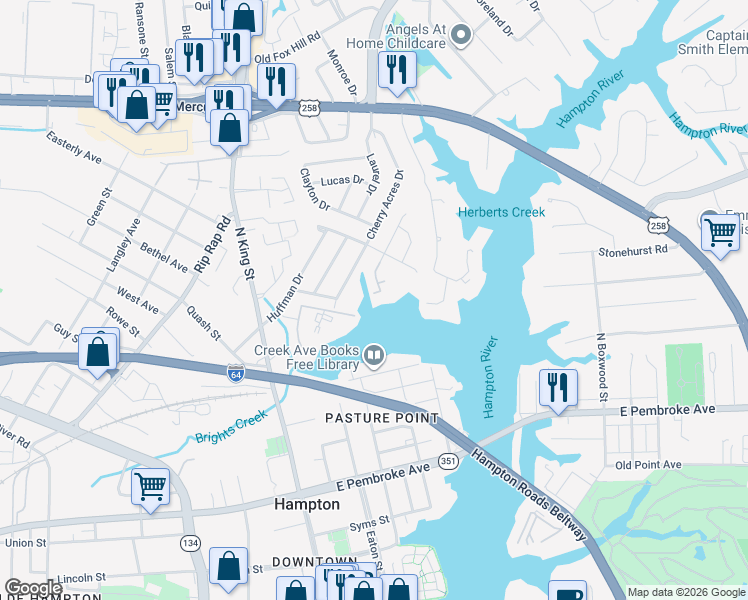 map of restaurants, bars, coffee shops, grocery stores, and more near 150 Eberly Terrace in Hampton