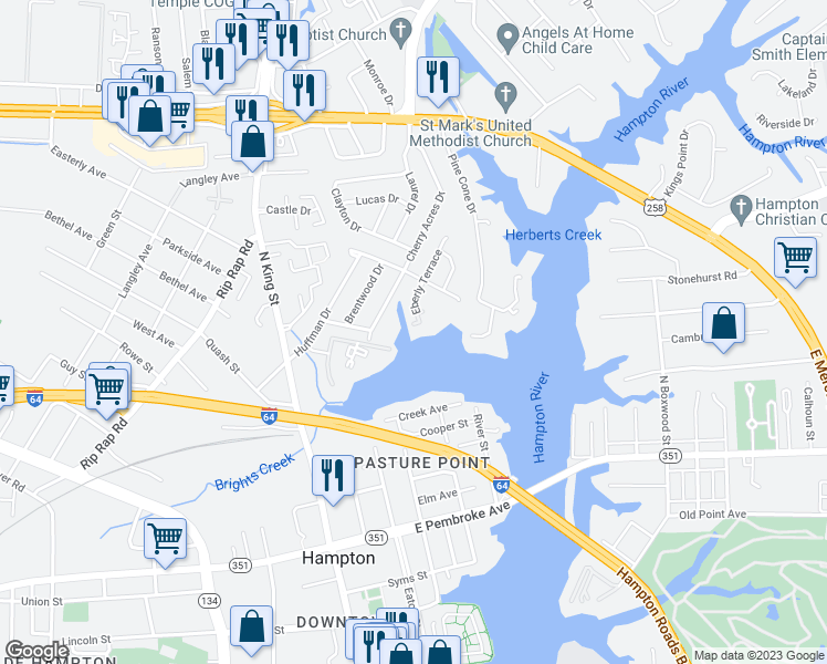 map of restaurants, bars, coffee shops, grocery stores, and more near 152 Eberly Terrace in Hampton