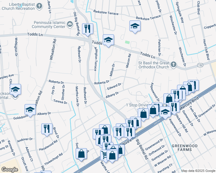 map of restaurants, bars, coffee shops, grocery stores, and more near 203 Edward Drive in Hampton