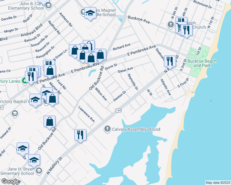 map of restaurants, bars, coffee shops, grocery stores, and more near 1518 Hermitage Place in Hampton