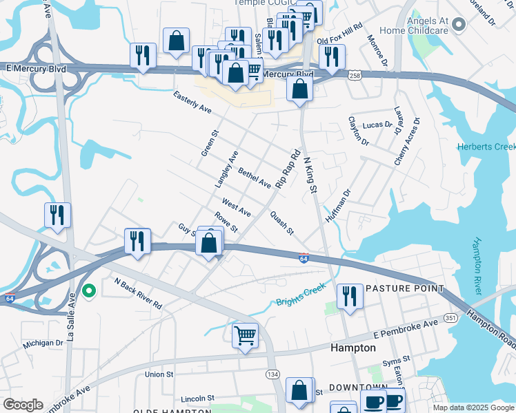 map of restaurants, bars, coffee shops, grocery stores, and more near 1004 West Avenue in Hampton