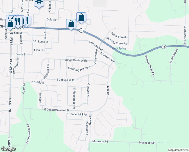 map of restaurants, bars, coffee shops, grocery stores, and more near 762 East Gallup Hill Road in Nixa