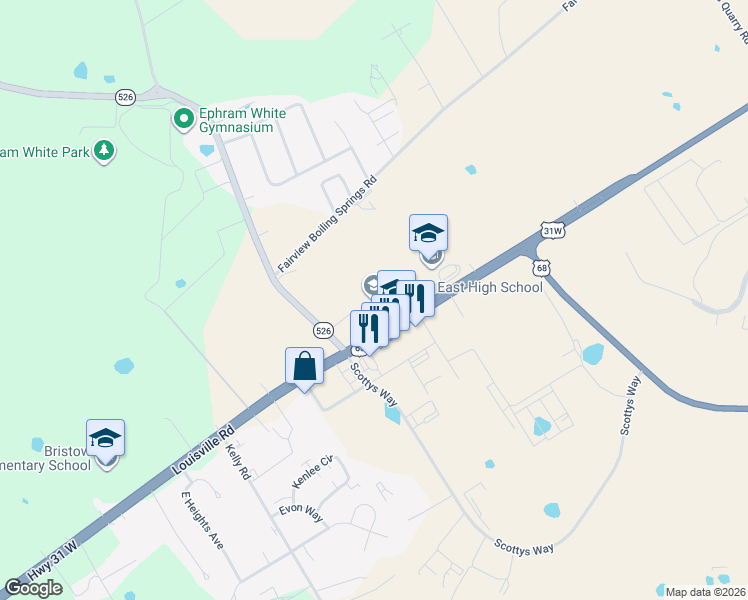 map of restaurants, bars, coffee shops, grocery stores, and more near 6867 Louisville Road in Bowling Green