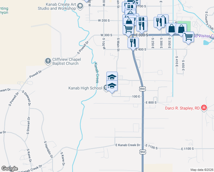 map of restaurants, bars, coffee shops, grocery stores, and more near 733 South Cowboy Way in Kanab