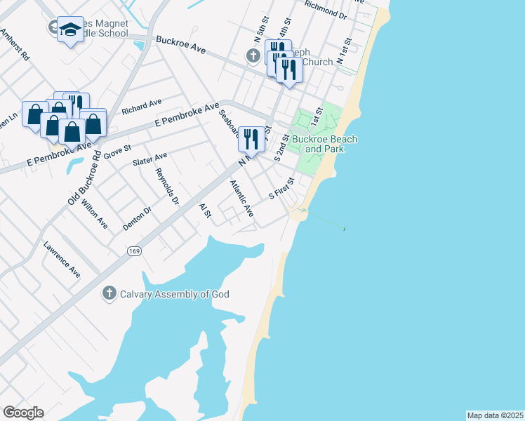 map of restaurants, bars, coffee shops, grocery stores, and more near 169 Herbert Avenue in Hampton