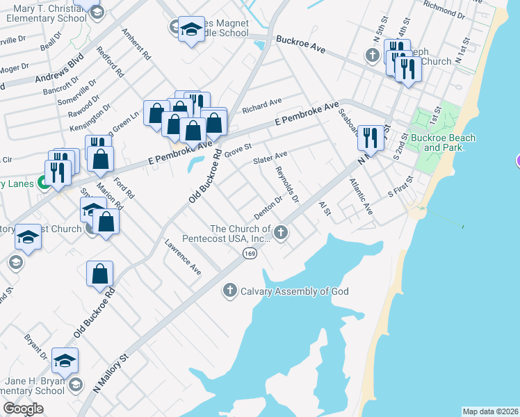 map of restaurants, bars, coffee shops, grocery stores, and more near 1520 Denton Drive in Hampton