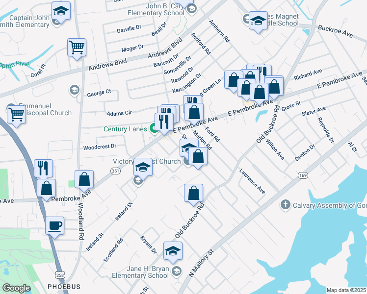 map of restaurants, bars, coffee shops, grocery stores, and more near 508 Shelton Road in Hampton