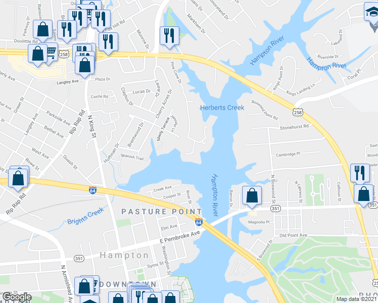 map of restaurants, bars, coffee shops, grocery stores, and more near 225 Island Cove Court in Hampton