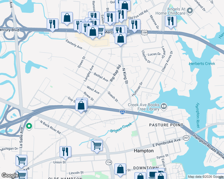map of restaurants, bars, coffee shops, grocery stores, and more near in Hampton
