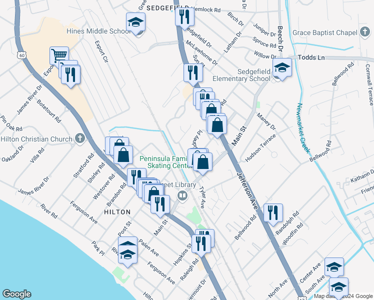 map of restaurants, bars, coffee shops, grocery stores, and more near 408 Tyler Avenue in Newport News