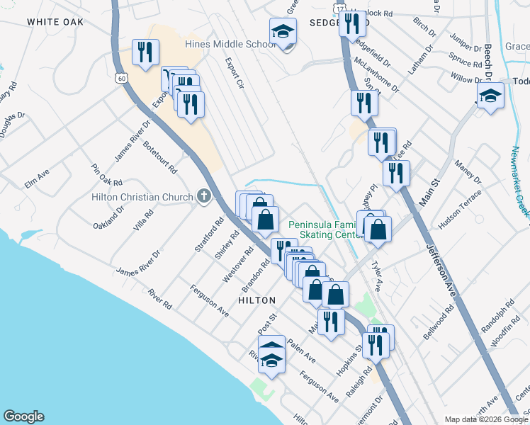 map of restaurants, bars, coffee shops, grocery stores, and more near 600 Hammond Street in Newport News