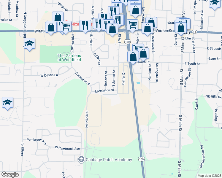 map of restaurants, bars, coffee shops, grocery stores, and more near in Nixa