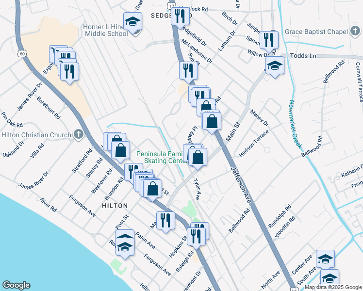 map of restaurants, bars, coffee shops, grocery stores, and more near 408 Tyler Avenue in Newport News
