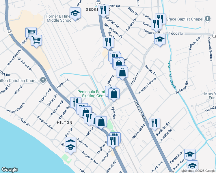 map of restaurants, bars, coffee shops, grocery stores, and more near 1 Sidney Place in Newport News