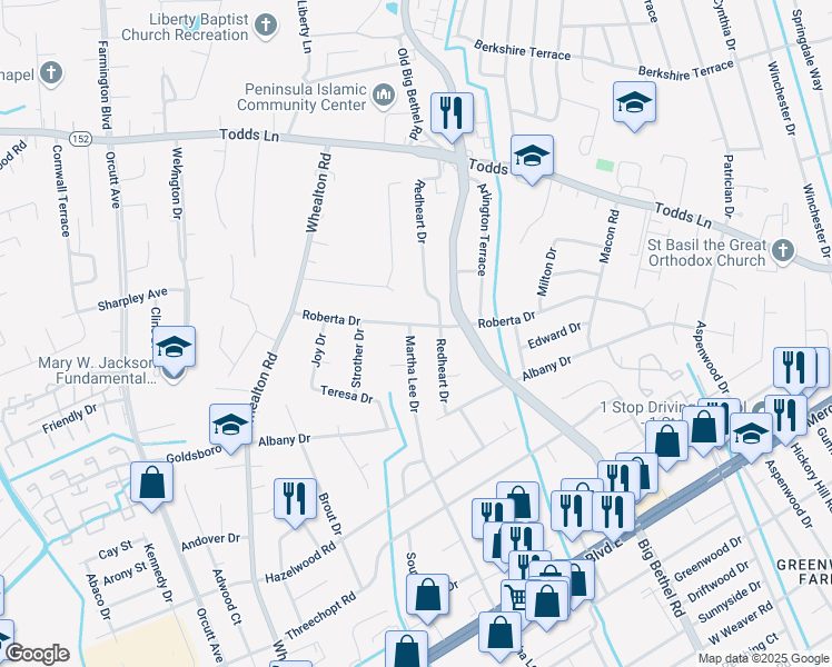 map of restaurants, bars, coffee shops, grocery stores, and more near 32 Roberta Drive in Hampton