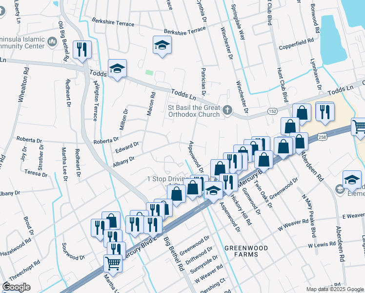 map of restaurants, bars, coffee shops, grocery stores, and more near 2 Ducette Drive in Hampton