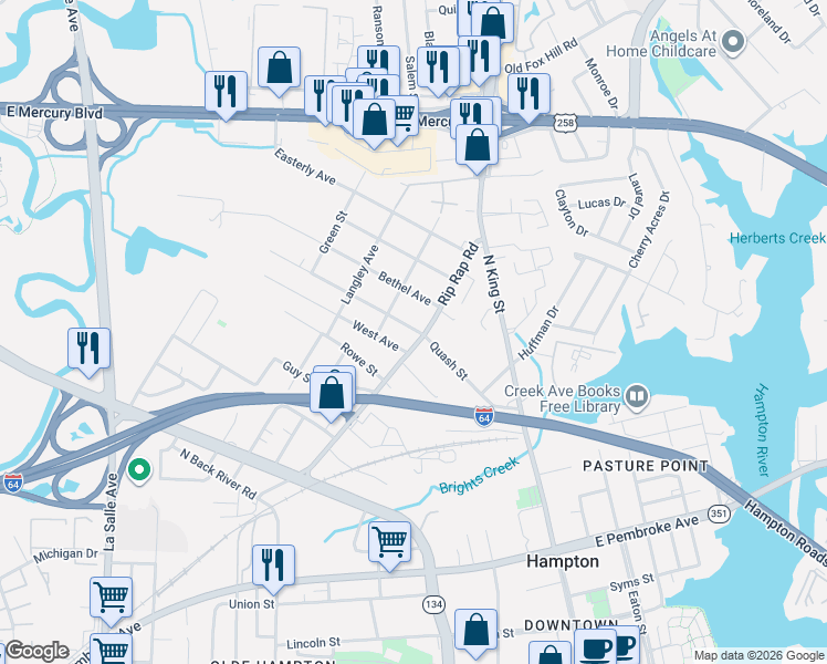 map of restaurants, bars, coffee shops, grocery stores, and more near 1004 West Avenue in Hampton