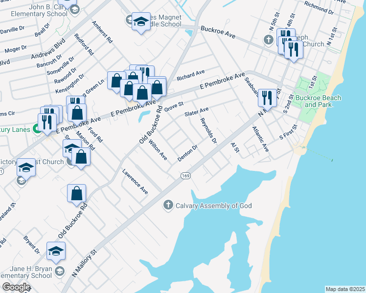 map of restaurants, bars, coffee shops, grocery stores, and more near 1520 Denton Drive in Hampton