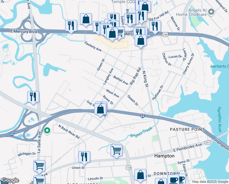 map of restaurants, bars, coffee shops, grocery stores, and more near 1022 West Avenue in Hampton