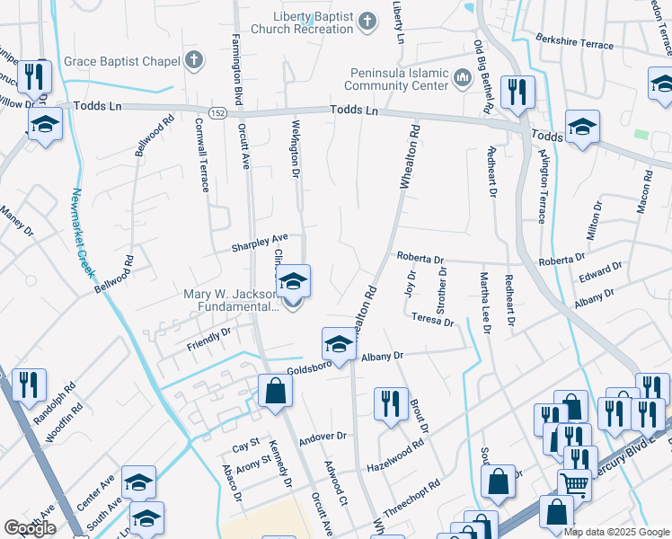 map of restaurants, bars, coffee shops, grocery stores, and more near 14 Cortez Court in Hampton