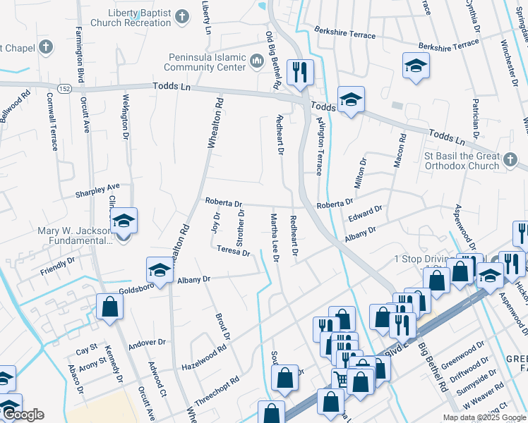 map of restaurants, bars, coffee shops, grocery stores, and more near 6 Belmont Place in Hampton