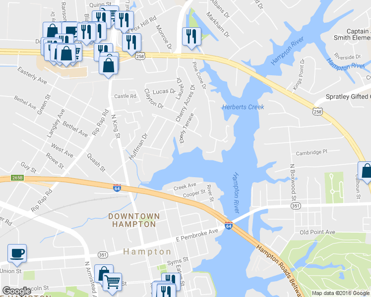 map of restaurants, bars, coffee shops, grocery stores, and more near 166 Eberly Terrace in Hampton