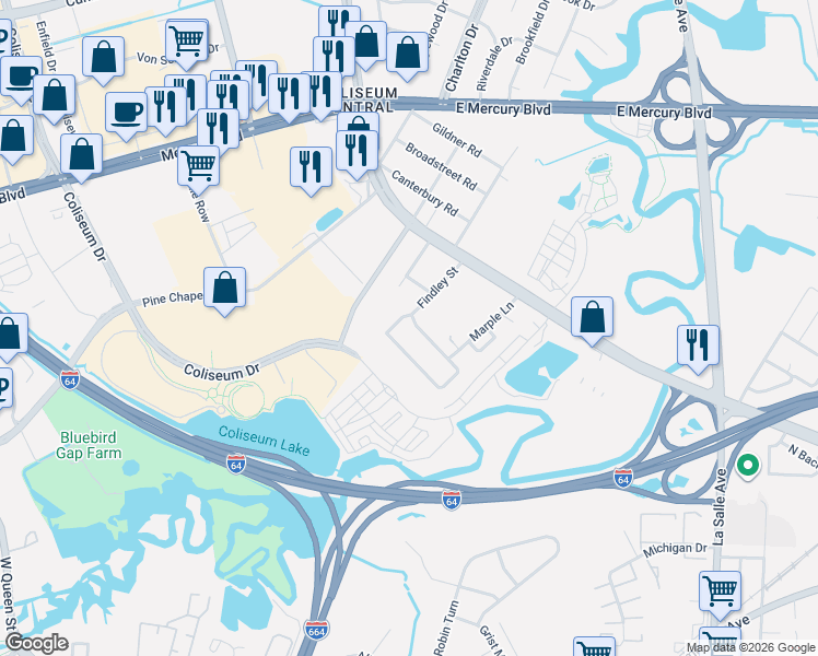 map of restaurants, bars, coffee shops, grocery stores, and more near 120 Findley Square in Hampton