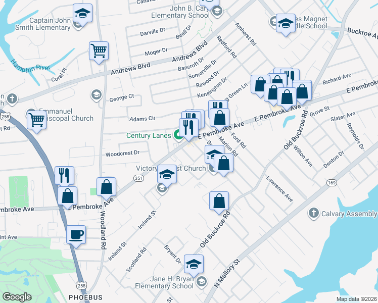 map of restaurants, bars, coffee shops, grocery stores, and more near 526 Price Street in Hampton