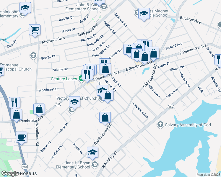 map of restaurants, bars, coffee shops, grocery stores, and more near 503 Marion Road in Hampton