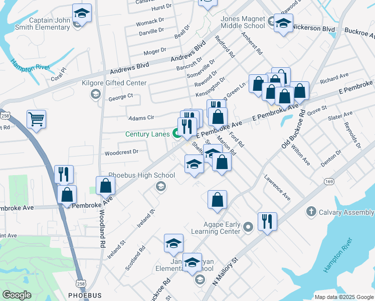 map of restaurants, bars, coffee shops, grocery stores, and more near 526 Price Street in Hampton